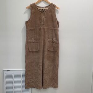 Real Comfort Vintage‎ Corduroy Jumper Dress Tan Brown Cotton Henley Midi PM